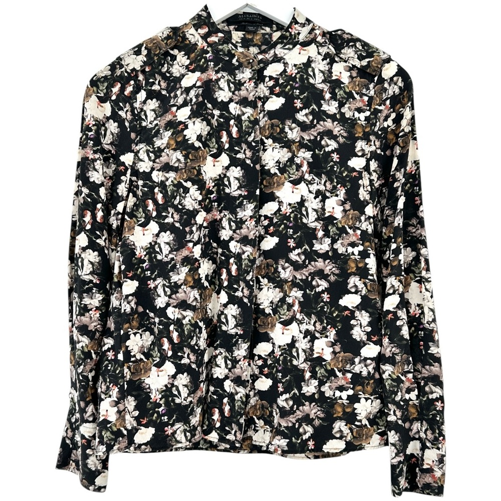 All Saints Black White Floral Stand Collar Light Silk Button Up Shirt Top Blouse